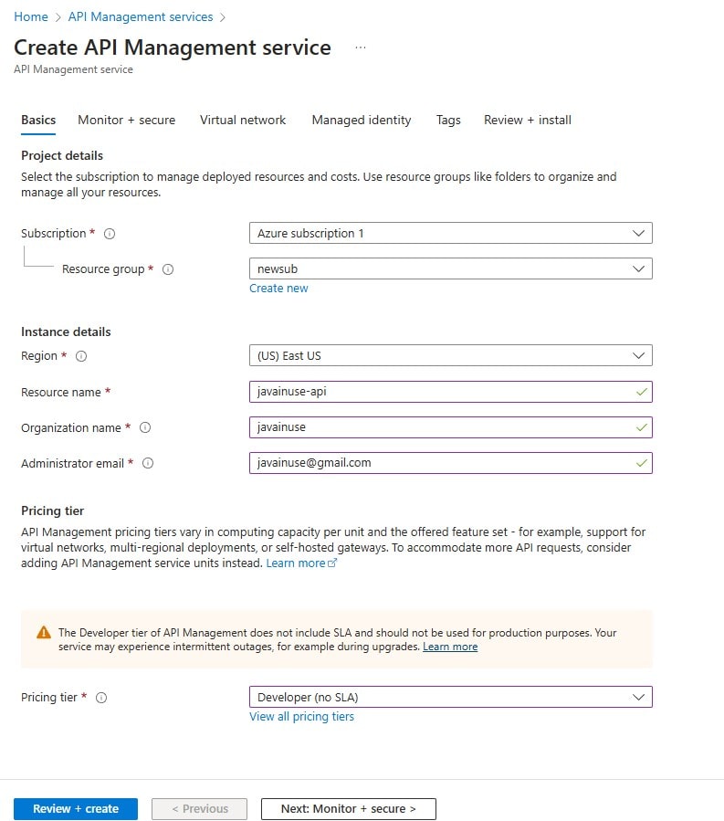 create an azure api service