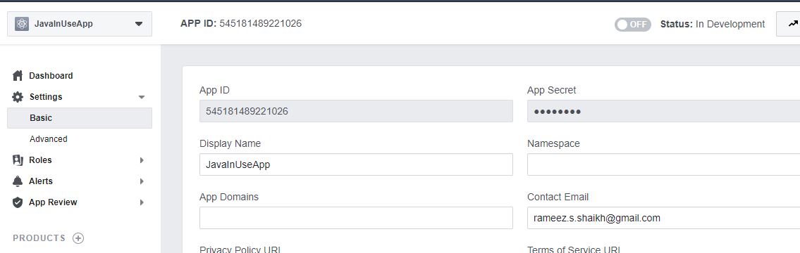 Facebook Developer Basic settings