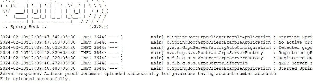 Bank Client Streaming gRPC output