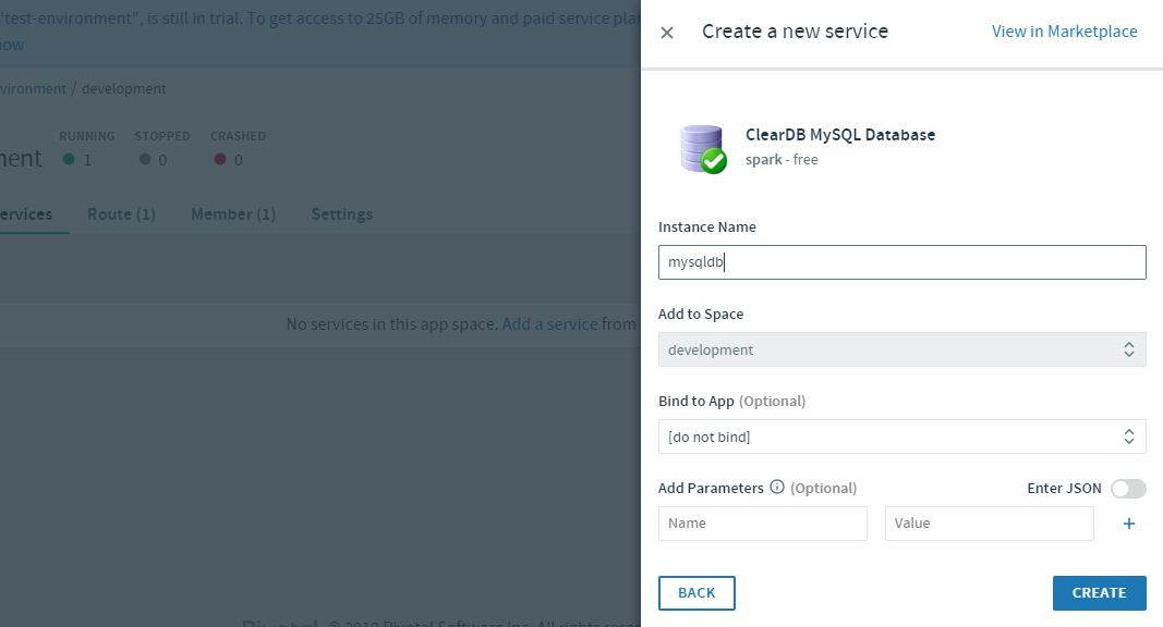 Cloud Foundry MySQL ClearDB Free